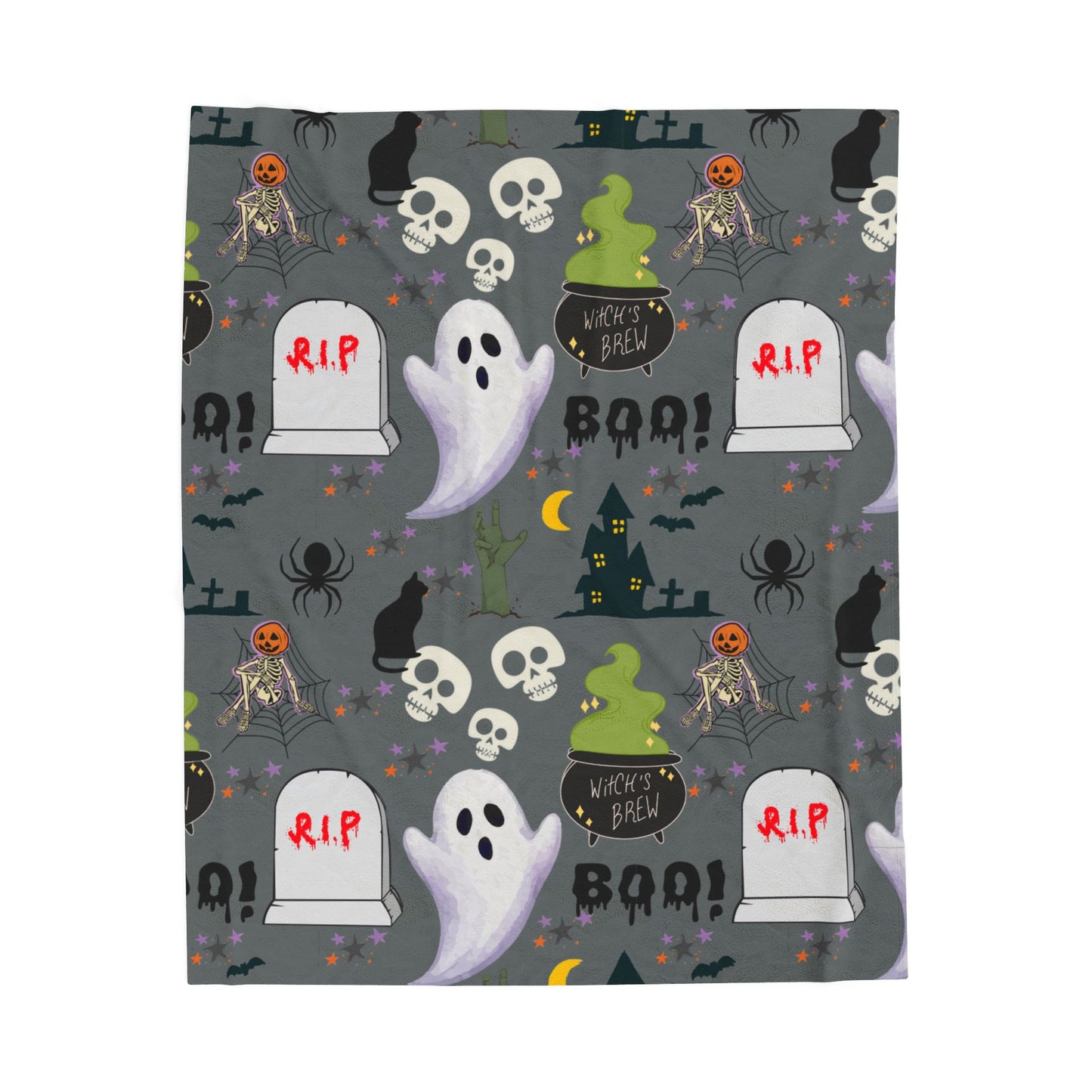 Grey- Halloween Velveteen Plush Blanket, Cozy Throw, Spooky Decor, Warm Blanket, Ghost & Skull Design, Fall Home Decor