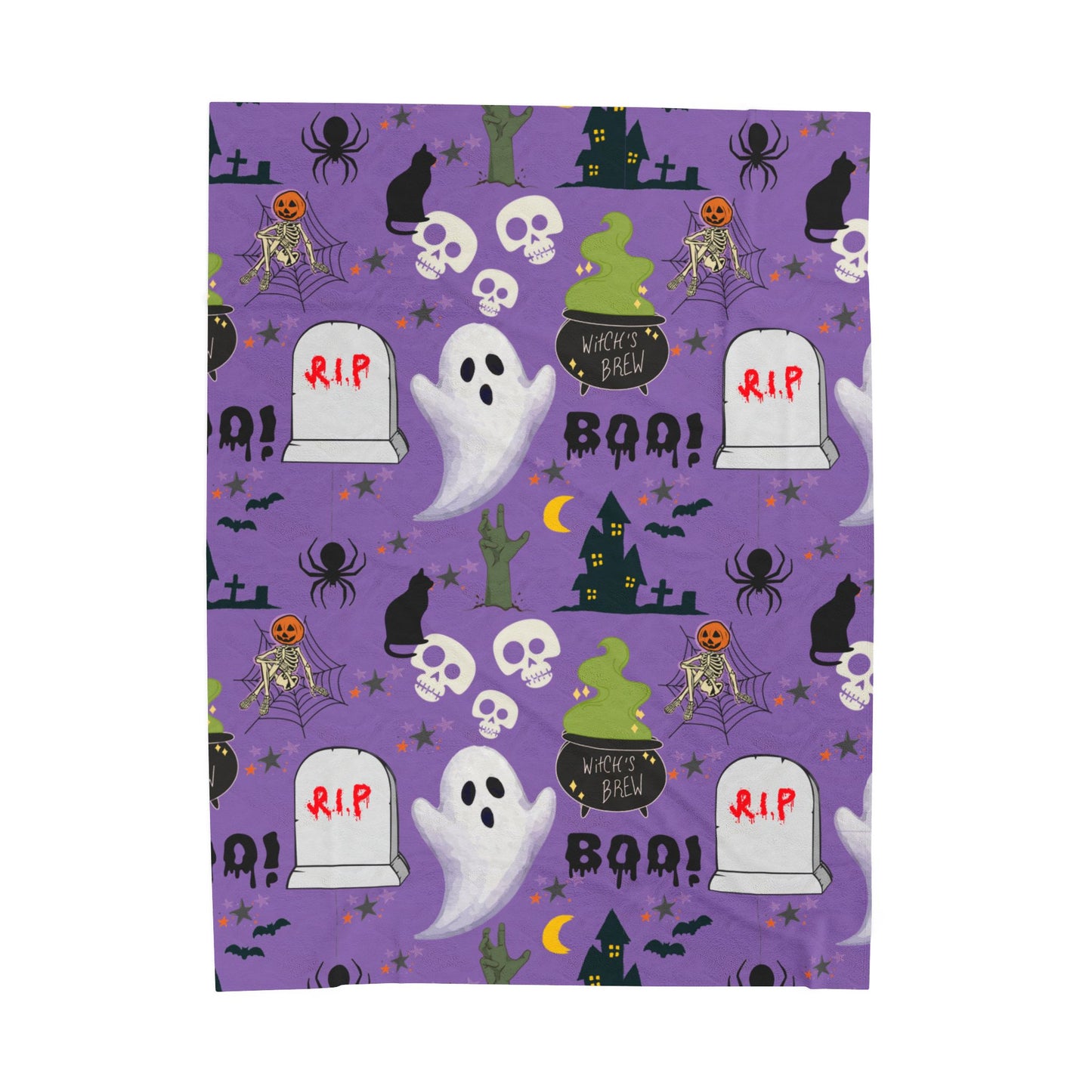 Light Purple Halloween Velveteen Plush Blanket, Cozy Throw, Spooky Decor, Warm Blanket, Ghost & Skull Design, Fall Home Decor