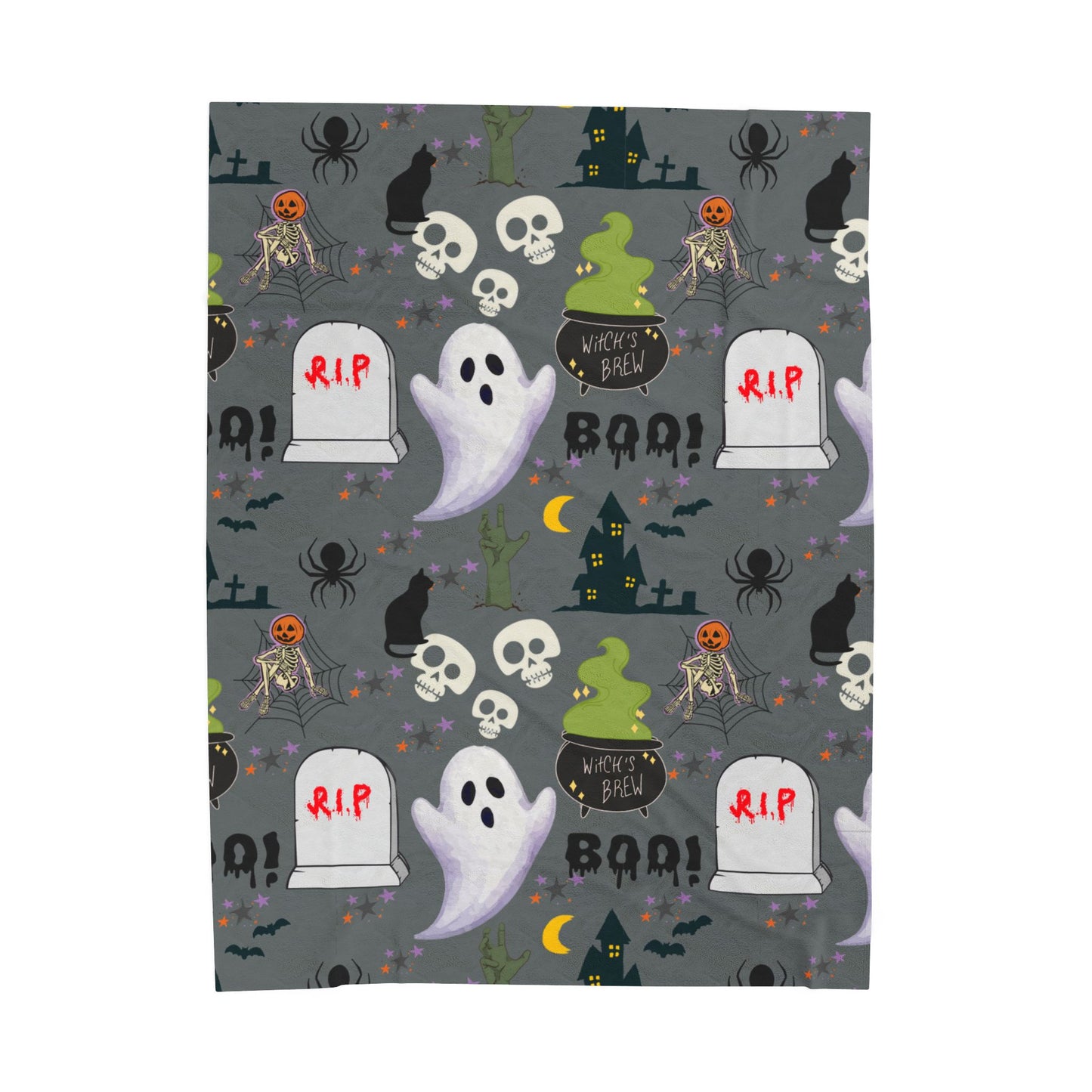 Grey- Halloween Velveteen Plush Blanket, Cozy Throw, Spooky Decor, Warm Blanket, Ghost & Skull Design, Fall Home Decor