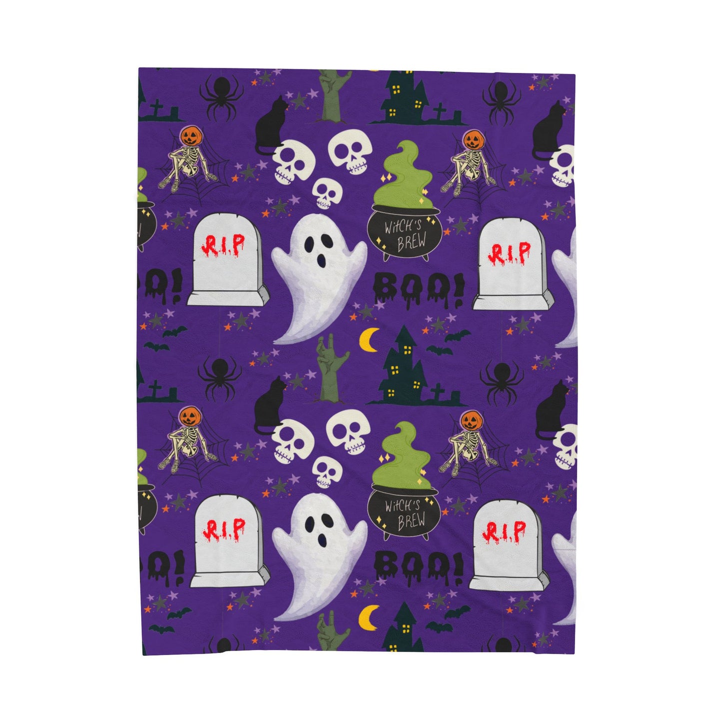 Dark Purple Halloween Velveteen Plush Blanket, Cozy Throw, Spooky Decor, Warm Blanket, Ghost & Skull Design, Fall Home Decor