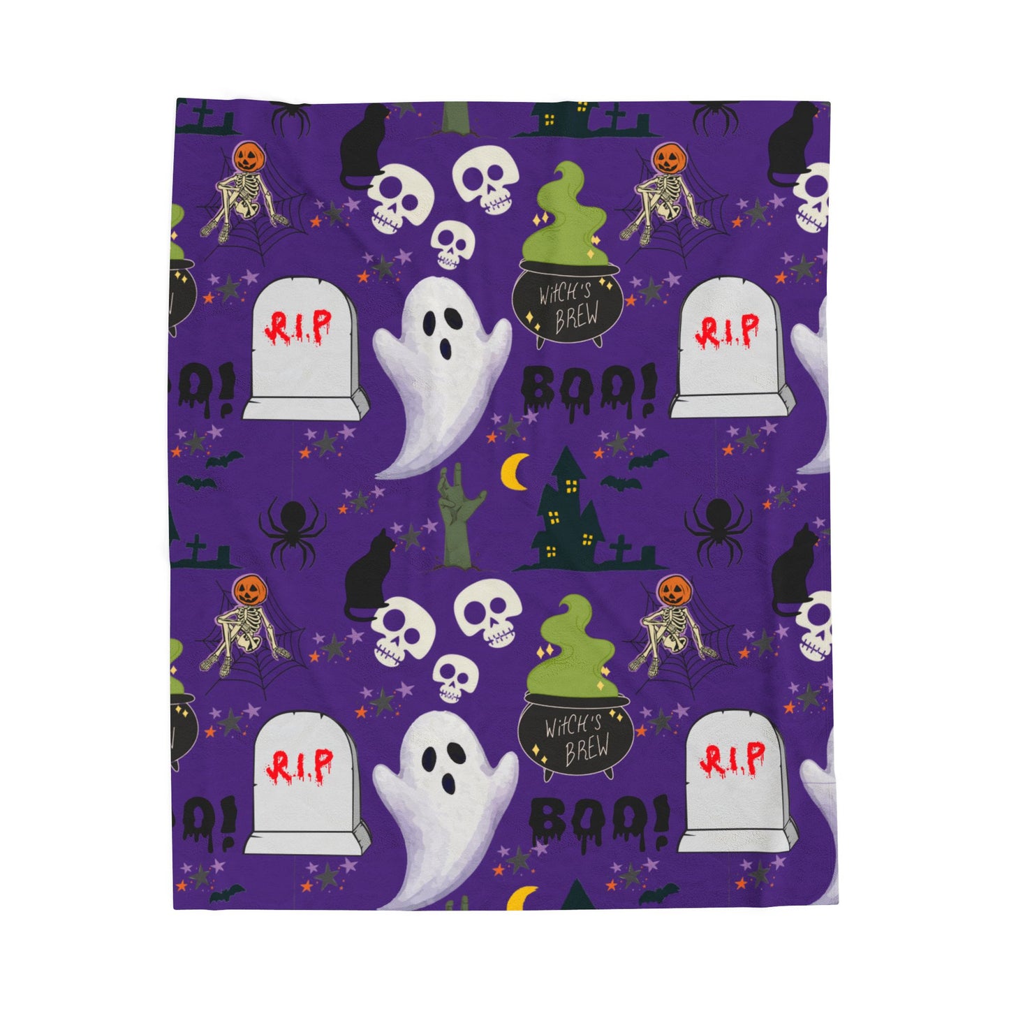 Dark Purple Halloween Velveteen Plush Blanket, Cozy Throw, Spooky Decor, Warm Blanket, Ghost & Skull Design, Fall Home Decor