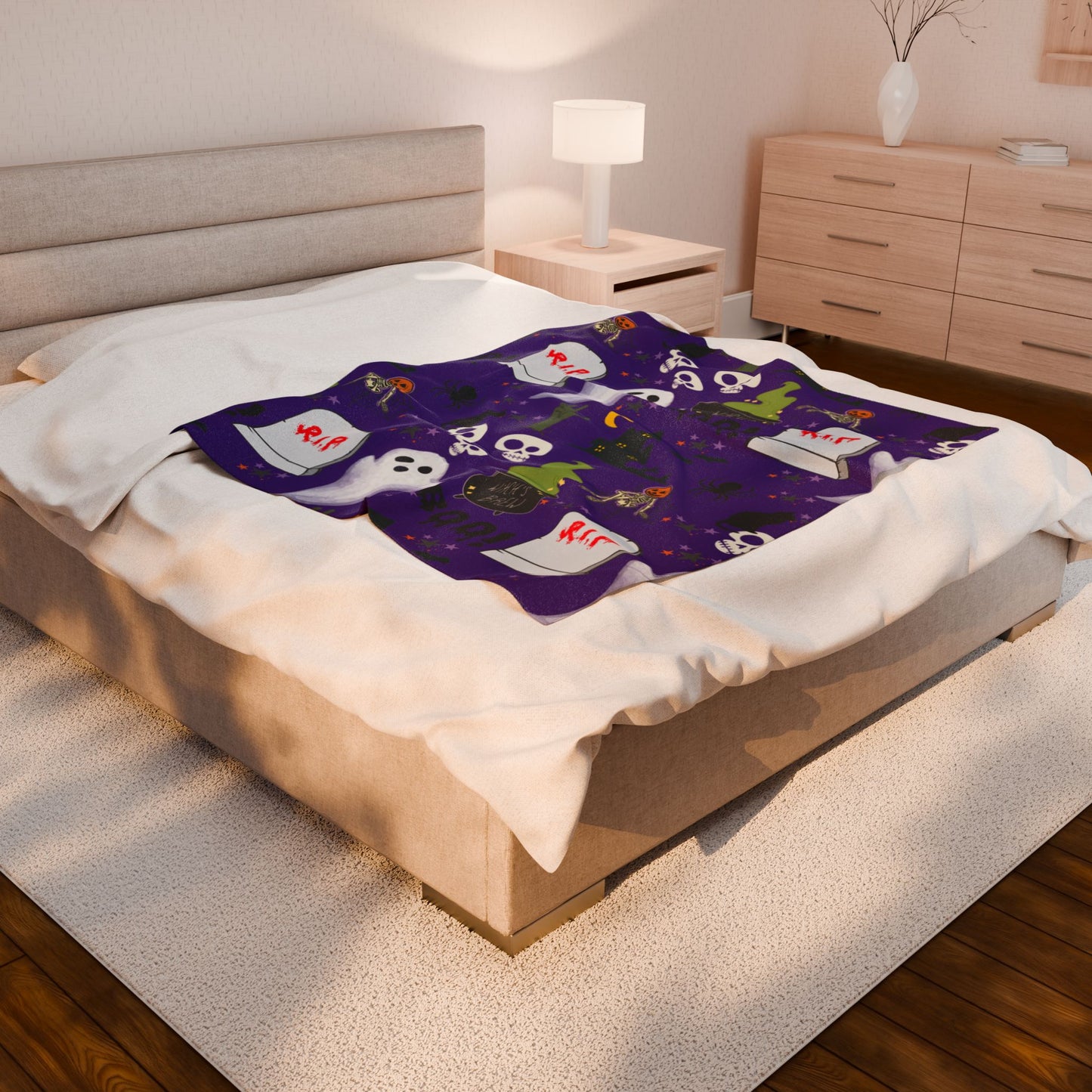 Dark Purple Halloween Velveteen Plush Blanket, Cozy Throw, Spooky Decor, Warm Blanket, Ghost & Skull Design, Fall Home Decor
