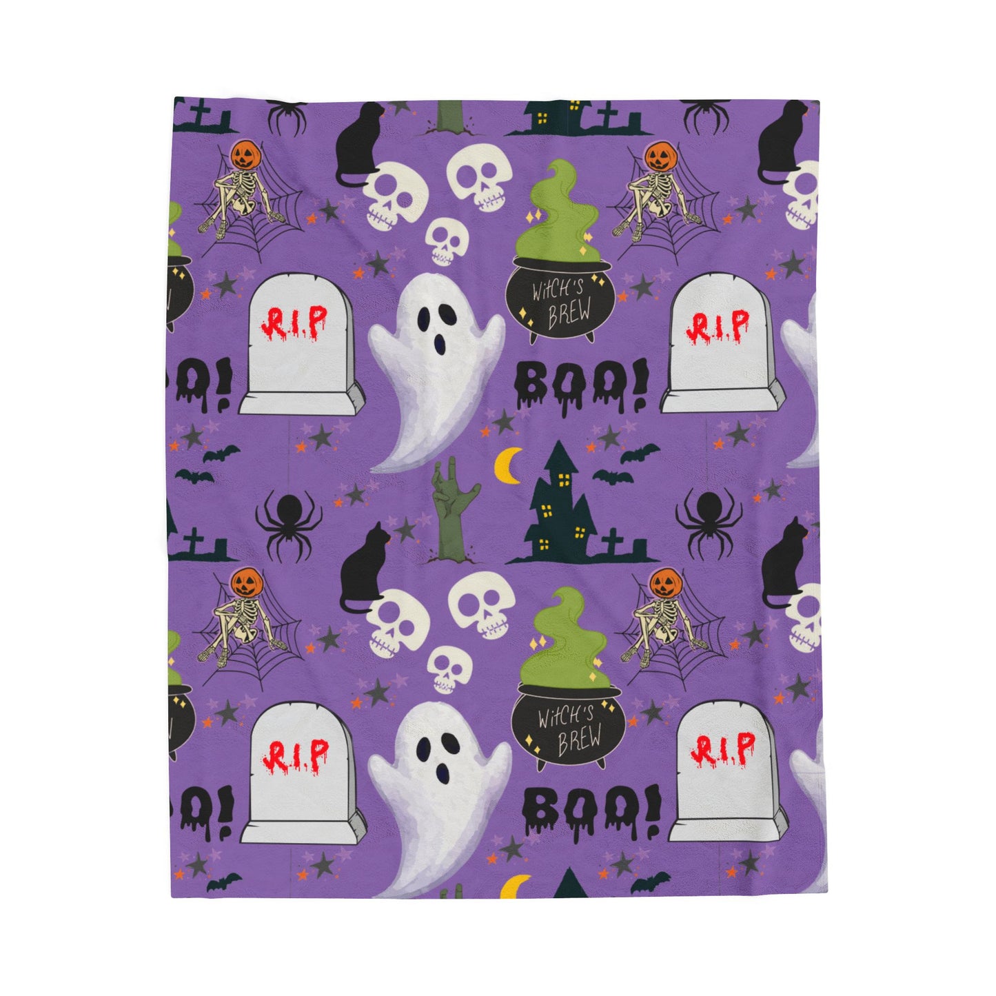 Light Purple Halloween Velveteen Plush Blanket, Cozy Throw, Spooky Decor, Warm Blanket, Ghost & Skull Design, Fall Home Decor
